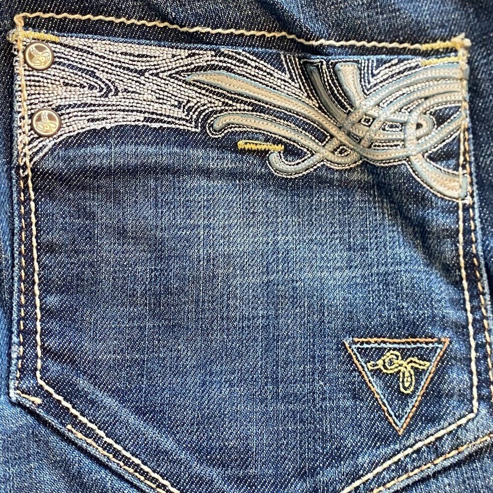 Vtg Guess Premium Y2K Denim Flare Leg Dark Wash Mid Rise Low Rise Jeans Size 31 - Picture 6 of 16